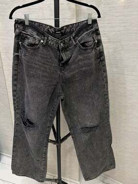 Express High Waisted Ripped Straight Ankle Jeans in Washed Black